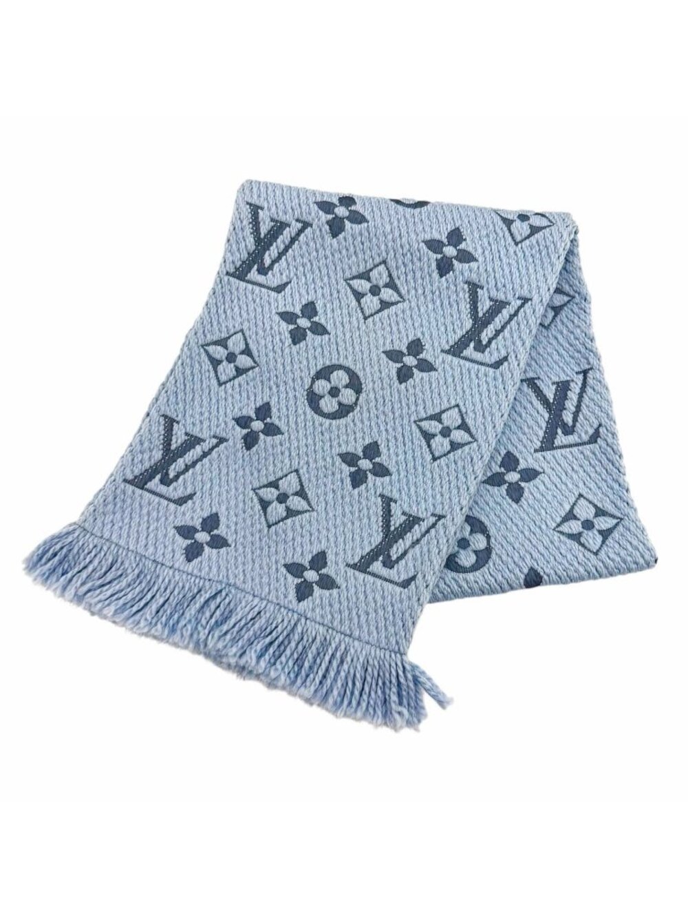 Louis Vuitton Echarpe Logo Mania Wool Silk Blend LV with Fringe Scarf Light Blue